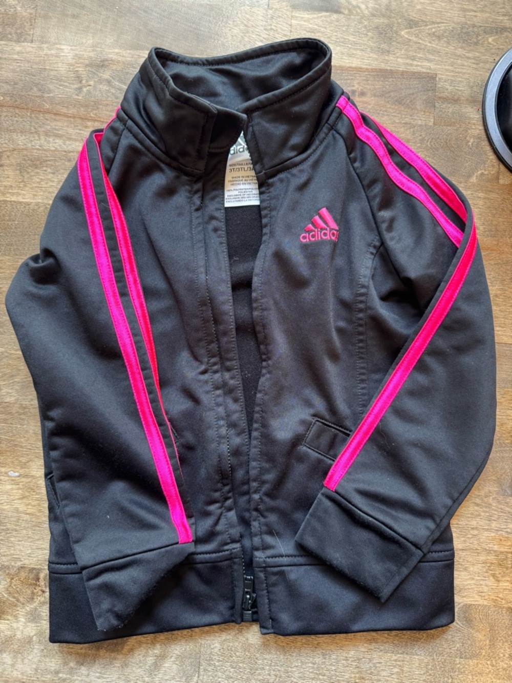 adidas Kids Black Jacket with Pink Stripe Accents